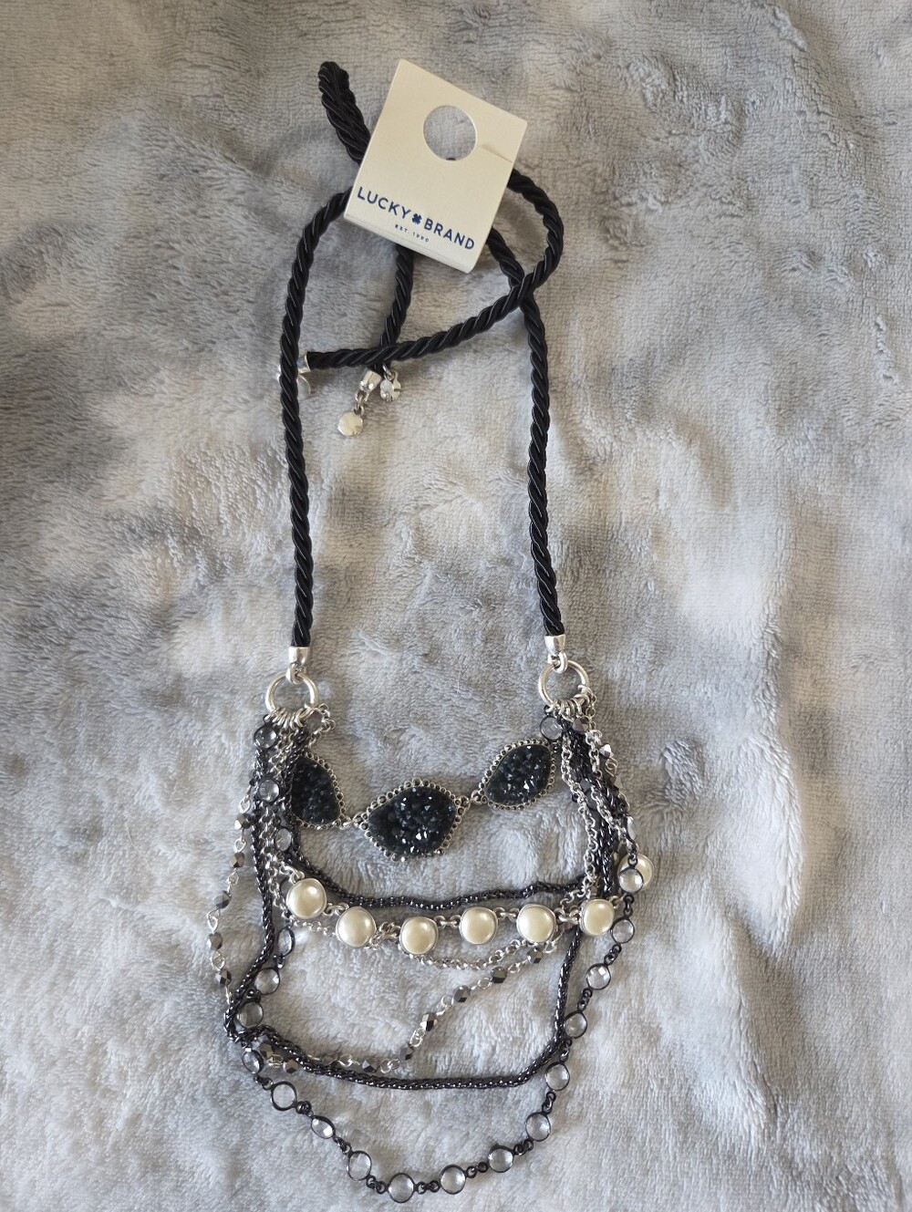 Lucky Brand Black and Silver Multi-Strand Necklace with Pearl Accents
